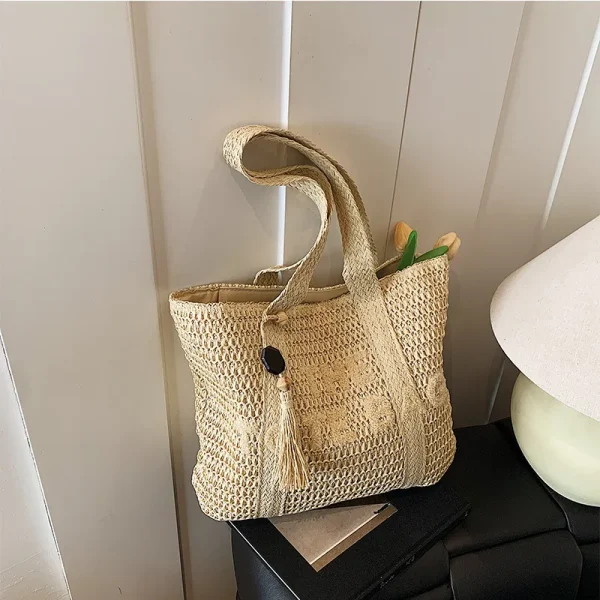 French style large capacity woven straw woven bag for women, new beach vacation shoulder bag, casual commuting tote bag - Image 6