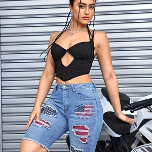Women's denim jeans embroidered with national flag, perforated for summer comfort, women's denim shorts