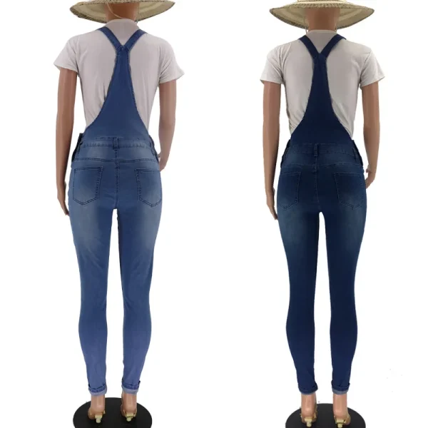 Women Jeans Ankle Length Pencil Pants Denim Overalls Pockets One Piece Mid Waist High Street Solid Distressed Holes Spliced - Image 5