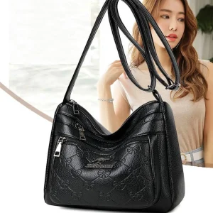 Fashion PU Leather Buying Vegetable Bag Large Capacity Multi-layer Middle-aged Mother's Bag Black Crossbody Bag Woman Shoulder
