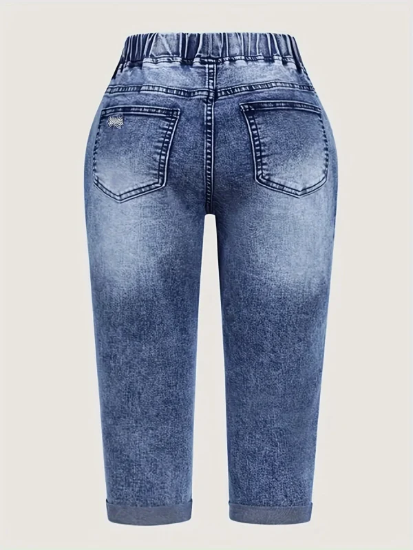 Y2K Style Women's Peacock Blue Stretch Mid-Rise Capri Jeans - Summer Casual Distressed Denim with Drawstring Waist - Image 5