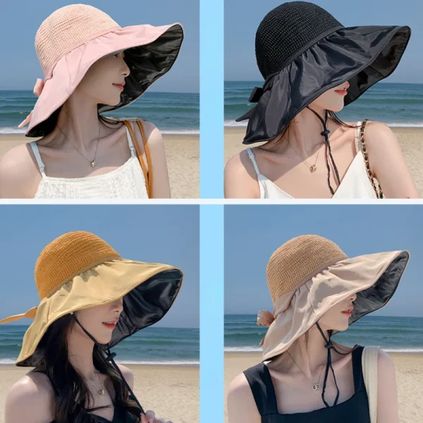 Summer Sun hat women's straw woven anti ultraviolet sun visor hat with big brim seaside black glue breathable Bucket hat sun hat - Image 3