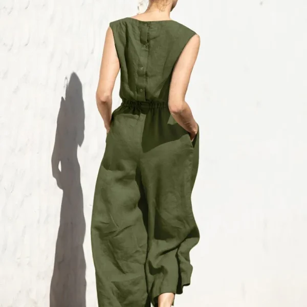Women Fashion Wide Leg Pant Jumpsuit Summer Casual Solid O- Neck Sleeveless Pocket Playsuit Ladies Loose Boho One-Piece Pants - Image 3