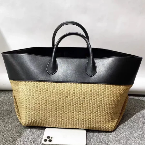 Luxury Genuine Leather Straw Bag Stitching Contrast Color Large Capacity Handbag Brand Tote Bag Commuter Wing-shaped Storage Bag