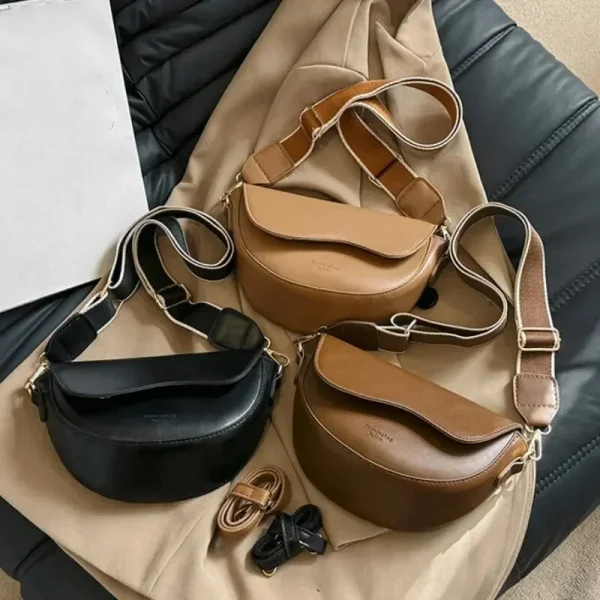 New PU Leather Wide Shoulder Strap Crossbody Bag Retro Ladies Solid Color Flap Small Saddle Shoulder Bag Fashion Underarm Bag - Image 2