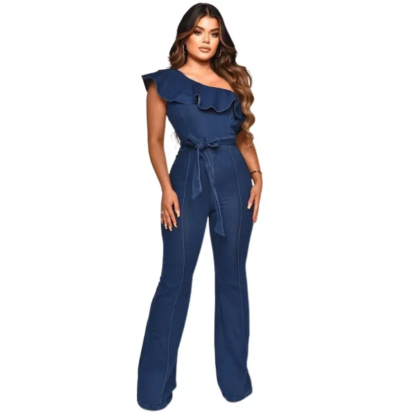 Spliced Ruffles Vintage Jeans Overalls Washed Full Length Jean Wide Leg Denim Pants Distressed Solid 2025 Casual Skew Collar - Image 4