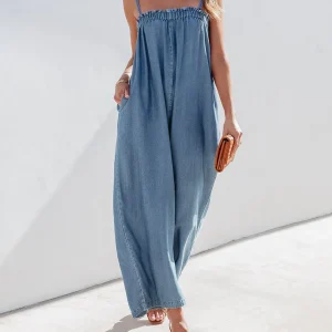 Women Casual Blue Denim One Pieces Jumpsuit Summer Loose Wide Leg Pants Bib Overalls Fashion Pocket Sleeveless Strap Overalls