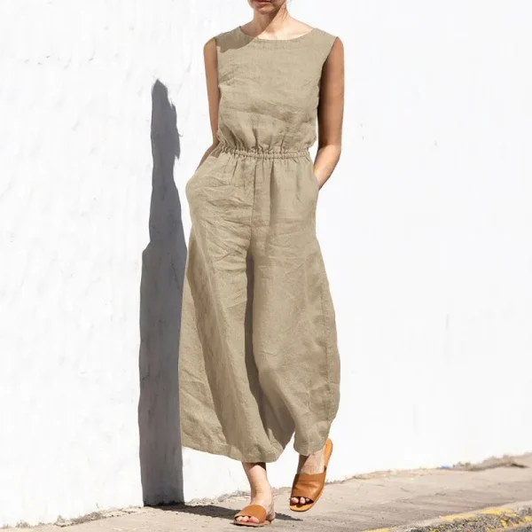 Women Fashion Wide Leg Pant Jumpsuit Summer Casual Solid O- Neck Sleeveless Pocket Playsuit Ladies Loose Boho One-Piece Pants - Image 4