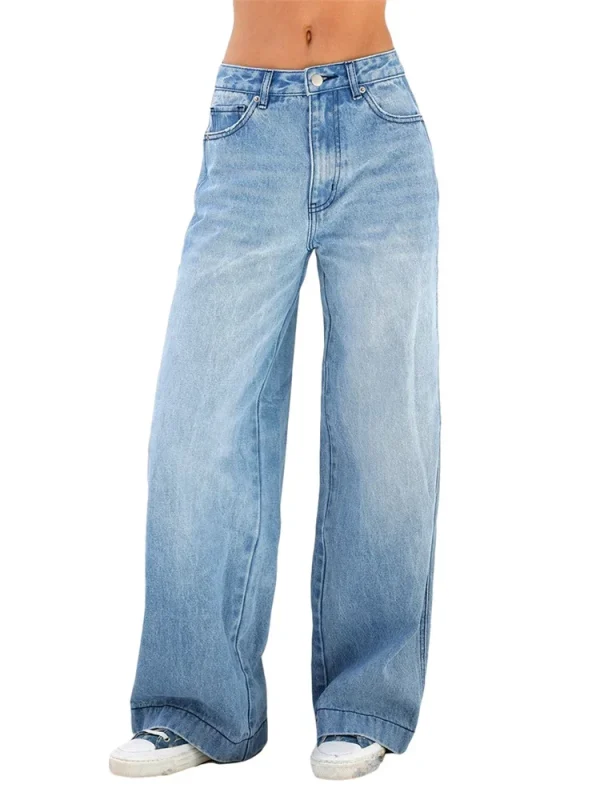 Women Jeans High Waist Wide Leg Pants with Pockets Fashion Casual Long Trousers - Image 2