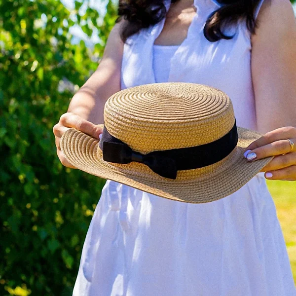 Straw Hat Women Summer Hat Beach Ladies Casual Flat Brom Bowknot Panama Hat Breathable FashBreathable Fashion Sun Hats For Women - Image 3