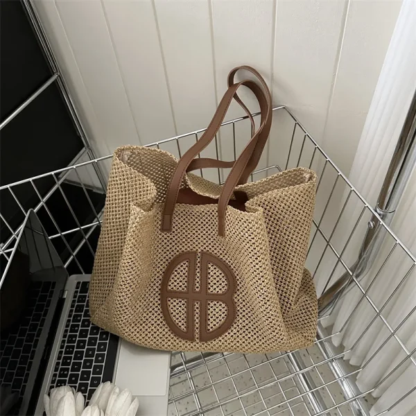 Straw Hollow Out Knitting Tote Bag Large Capacity Handmade Shoulder Handbag Women 2025 Designer Casual Beach Bag Ethnic Style - Image 5