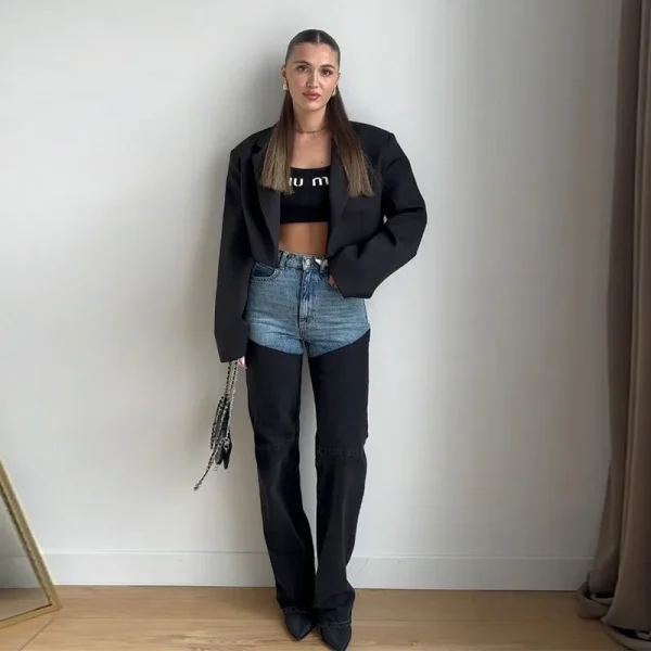 Trendy Women's High Waist Straight Leg Denim Jeans Pant Blue Black Patchwork Comfortable Fit Casual Daily Streetwear Trousers - Image 6