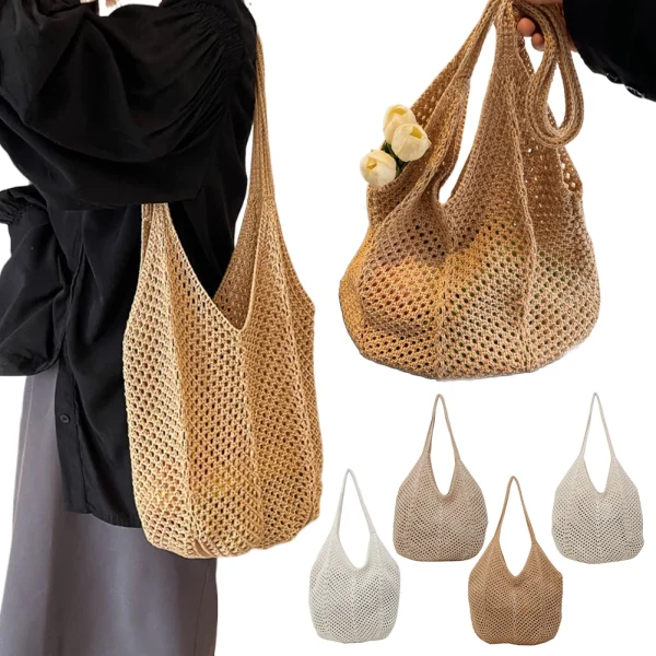 Women Hollow Summer Bag Solid Color Aesthetic Hobo Bag Large Capacity Knitted Tote Handbag Ladies Daily Handbag