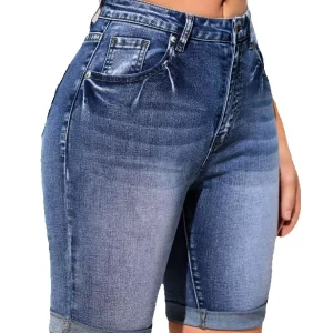 2025 Summer New Women's High Waist Curled Denim Shorts Fashion Casual High Elasticity Slim Knee Length Jeans Shorts