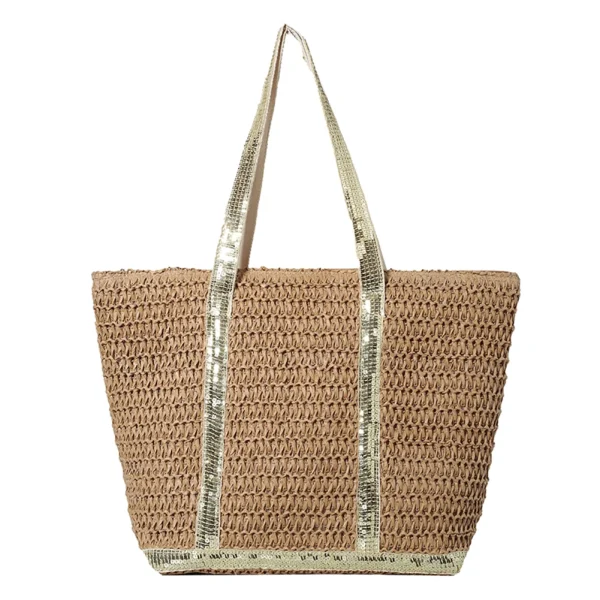 Women Straw Tote Handbag Large Capacity Sequins Simple Shoulder Bag Contrast Color Minimalist Tote Bag Ladies Summer Daily Bag - Image 3