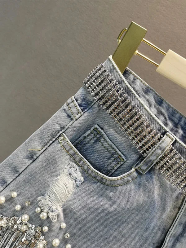 Summer Elegant Shorts Lady Tassel Beading High Waist Wide Leg Denim Shorts Female Casual Solid Shorts Jeans for Women Clothing - Image 2