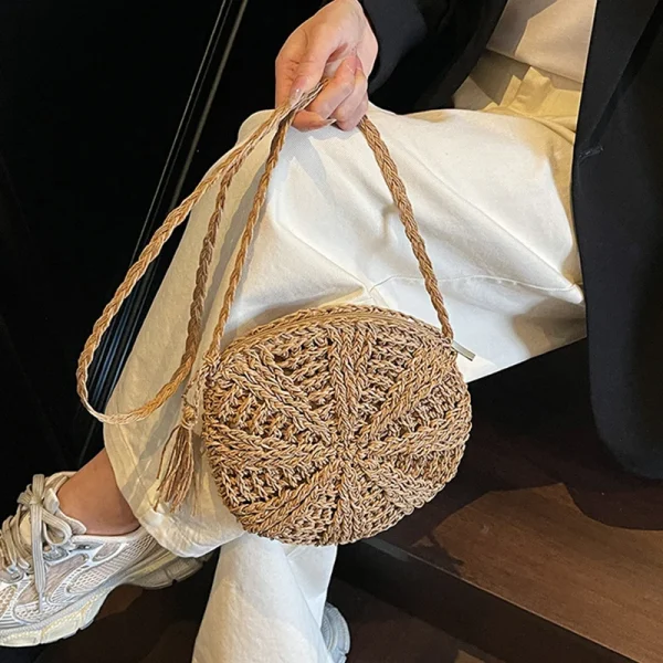 Rattan Woven Round Women Straw Bag Handbag Knit Summer Beach Bag Woman Shoulder Messenger Bag Tassel Design Crossbody Bags