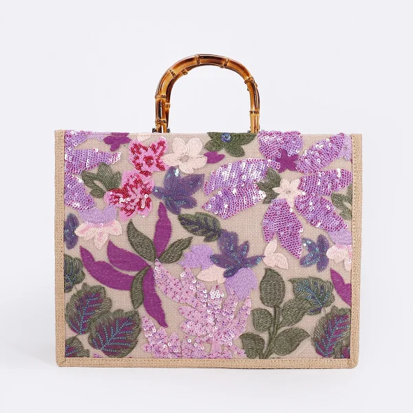 Vintage Bamboo Handle Women Handbags Sequins Embroidery Tote Bags Casual Linen Large Capacity Summer Beach Bag Big Female Purse - Image 6