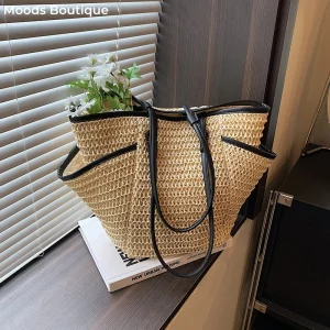 MOODS Straw Fabric Shoulder Tote Bags For Women 2025 Summer Beach Travelling Shopper Totes Big Capacity Designer Handbags Luxury