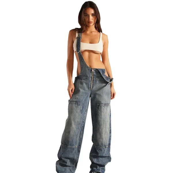 Jumpsuits Women Jeans Overalls Sexy Backless Vintage Full Length Denim Straight Pants Loose Pockets Distressed Washed Casual - Image 5