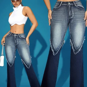2025 women's denim patchwork washed worn-out hem retro high waisted seasonal casual streetwear hot selling