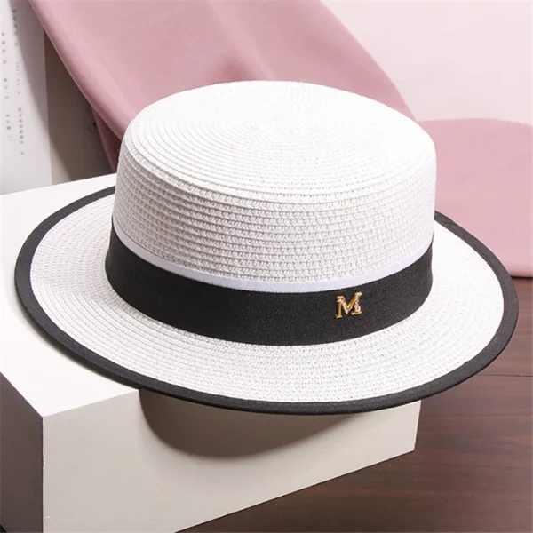 Outdoor sun hats M letter ribbon flat straw hat Summer adult women's casual beach sun protection cap Visor hat - Image 3