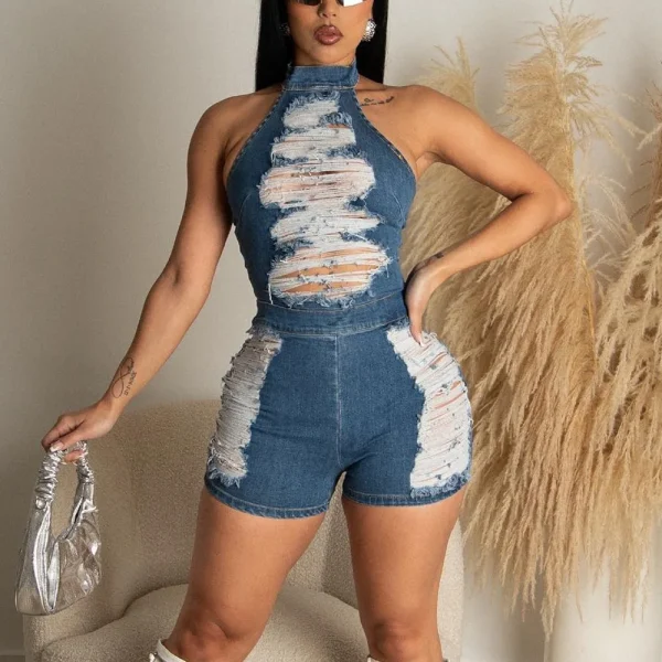 Cross border women's clothing new product from Europe and America, slim fit backless wash denim