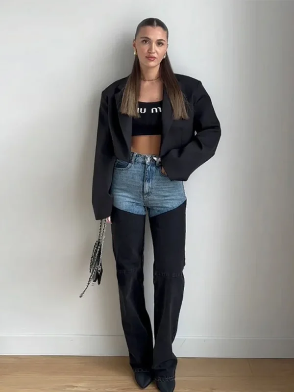 Trendy Women's High Waist Straight Leg Denim Jeans Pant Blue Black Patchwork Comfortable Fit Casual Daily Streetwear Trousers - Image 2