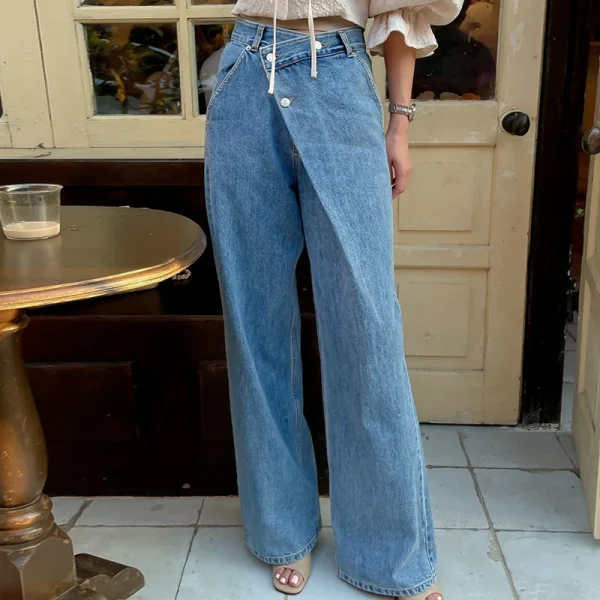 Vintage Irregular Slant Button Wide-leg Jeans Woman Elegant High Waist Solid Straight Versatile Long Pants Ins Tide New - Image 3