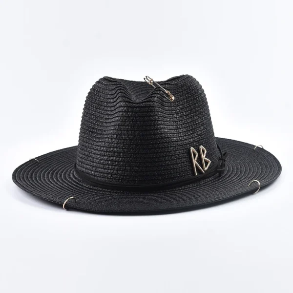 Fashionable Metal RB Letter Straw Hats for Women Men Summer Panaman Jazz Hat Outdoor Holidays Beach Sun Hat - Image 2