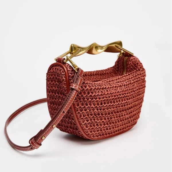 Summer Rattan Woven Crossbody Shoulder Bag,Half-Moon Beach Straw Tote Bag,Women Designer Purse,Casual Metal Handle Straw Handbag