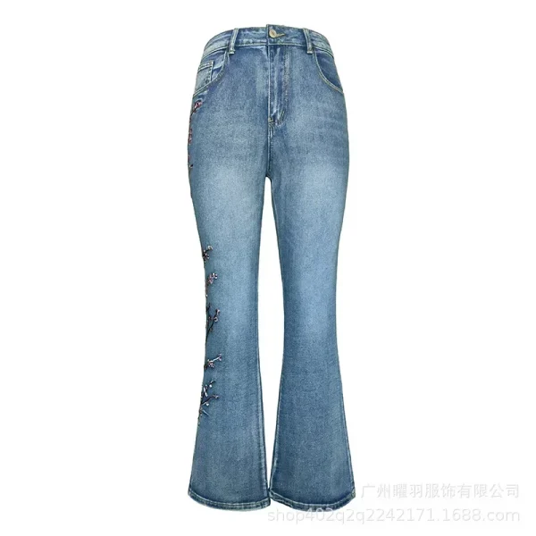 New Women's Retro High Waist Jeans Elastic Slim Fit Embroidery Flare Pants Full Length Denim Pants Jeans - Image 2
