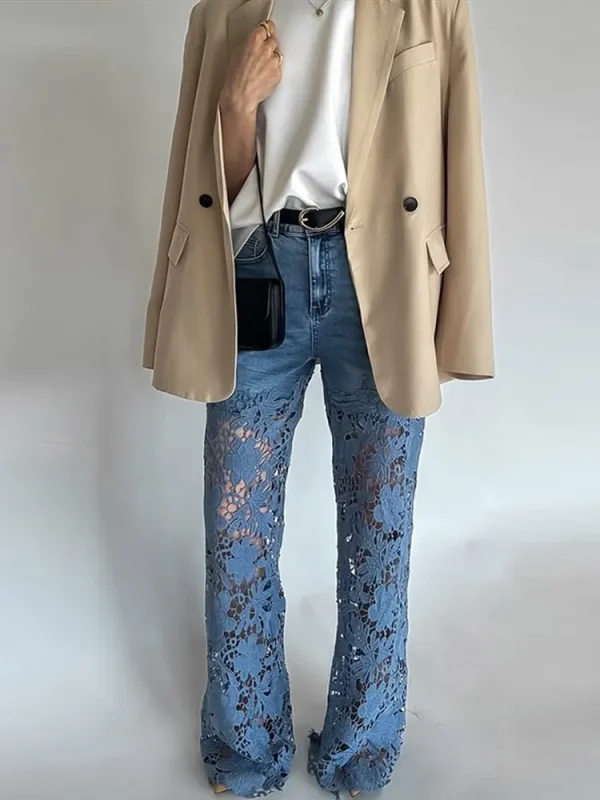 Plus Size Women's Stretch Denim Jeans With Cut-Out Lace Splicing Summer New High Waist Wide Pants Elegant Female Chic Trousers - Image 3