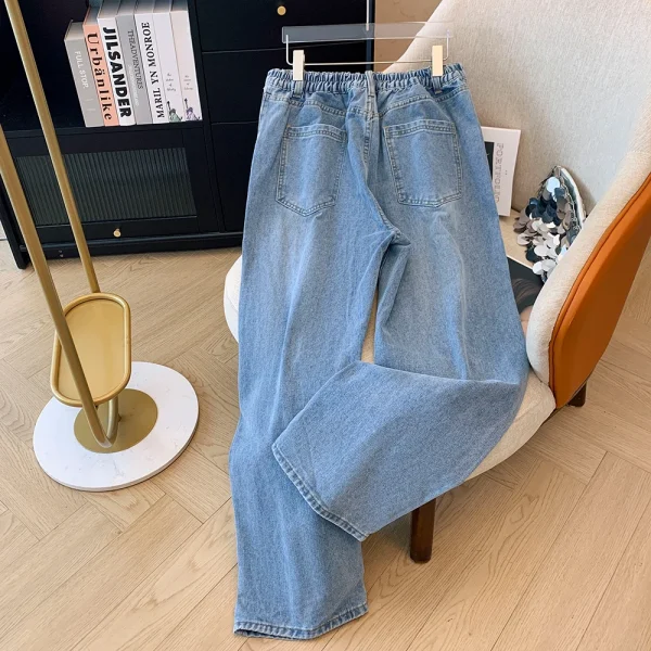 Plus-size women's fall casual commute baggy comfort jeans Dark blue high-waist-straight leg button pocket long wide-leg pants - Image 2