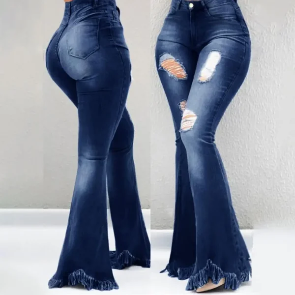 Full Length Denim Women Flared Pants High Waist Pockets Ripped Holes Bell Bottom Trousers Tassel Cuffs Denim Pants Women Jeans - Image 3