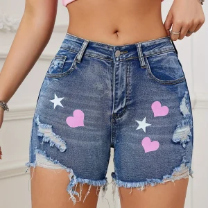 2025 Women's Heart Print Ripped Denim Shorts Distressed Hem Vintage High Waist Summer Casual Streetwear Hot Selling