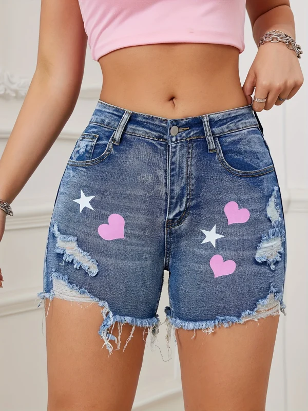 2025 Women's Heart Print Ripped Denim Shorts Distressed Hem Vintage High Waist Summer Casual Streetwear Hot Selling