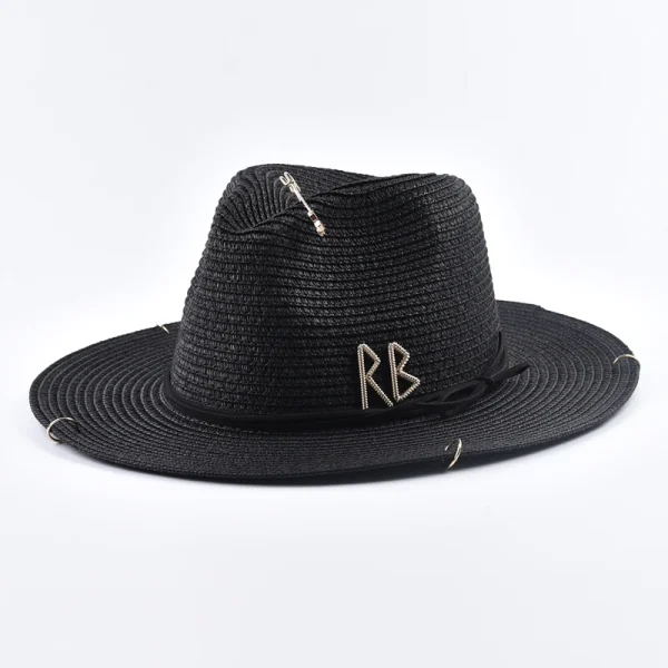 Fashionable Metal RB Letter Straw Hats for Women Men Summer Panaman Jazz Hat Outdoor Holidays Beach Sun Hat