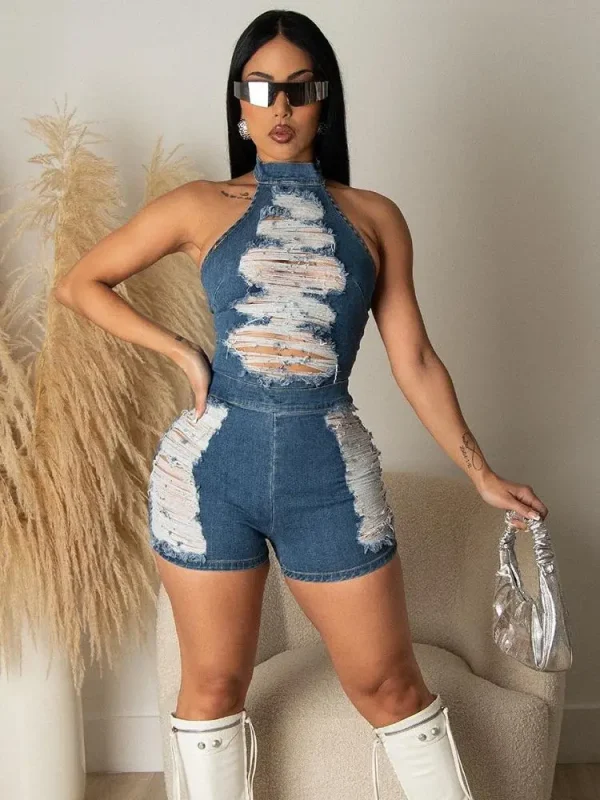 Cross border women's clothing new product from Europe and America, slim fit backless wash denim - Image 5