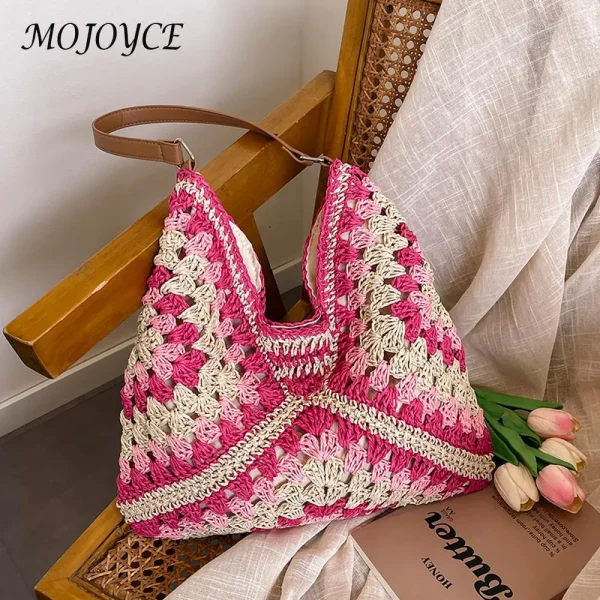 Women Woven Handbag Large Capacity Casual Tote Bag Wear Resist Hollowed-Out Braid Bag Summer Beach Travel Bag