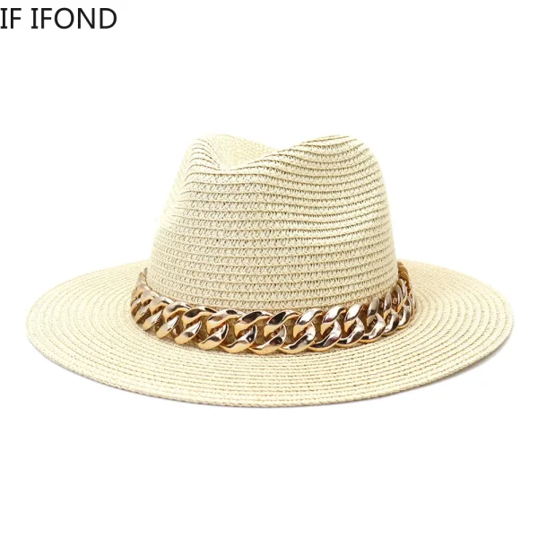 Fashion Gold Chain Belt Panama Straw Hats For Women Summer Breathable Beach Sun Hats Elegant Ladies Party Jazz Hat - Image 2
