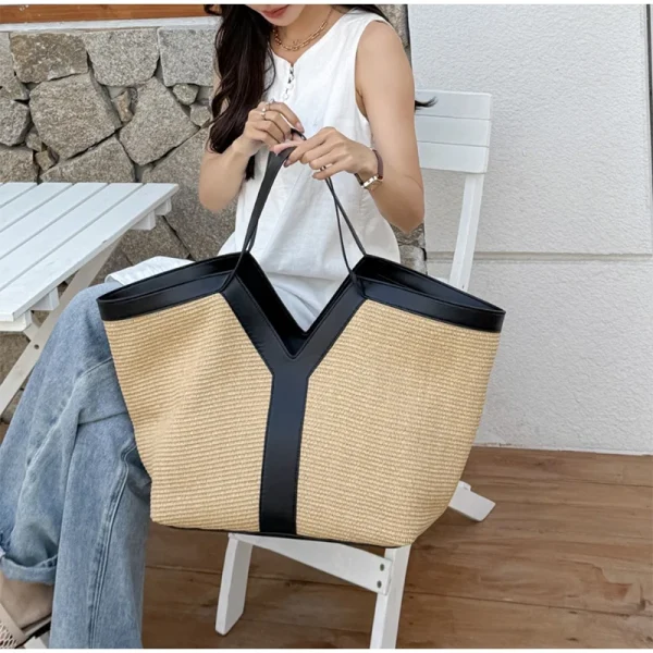 Brand Luxury Designer New Y-shaped Straw Tote Bag Large Capacity Shopping Bag Beach Bag Shoulder Underarm Bag Woven Women's Bag - Image 2