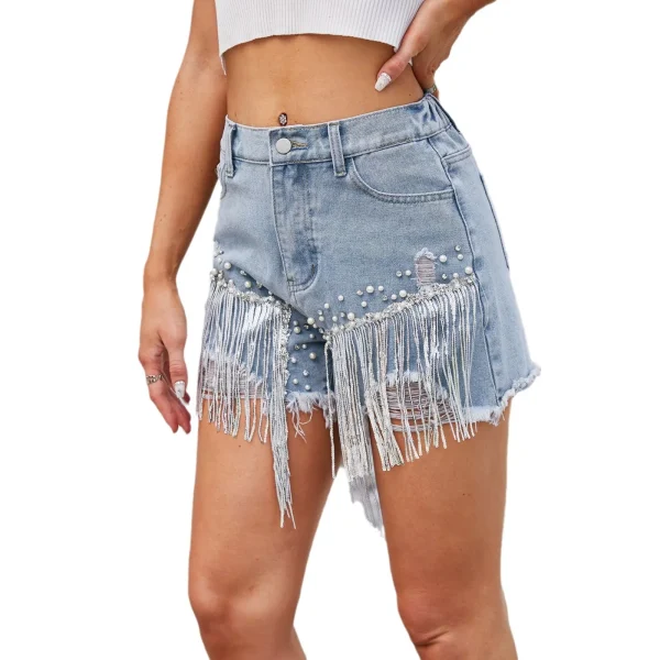 Shorts Jeans Women Casual Hole Denims Tassel Diamonds Distressed Washed Pockets Straight Short Pants Female 2025 Streetwear - Image 5