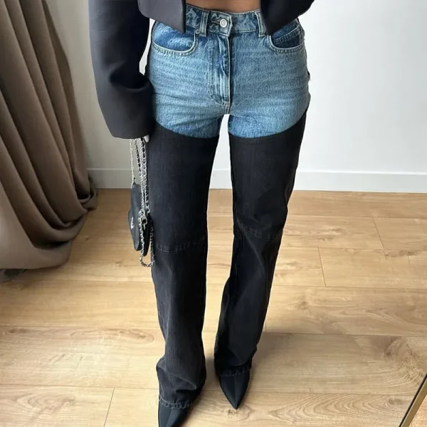 Trendy Women's High Waist Straight Leg Denim Jeans Pant Blue Black Patchwork Comfortable Fit Casual Daily Streetwear Trousers - Image 5