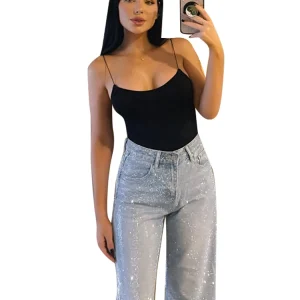 Sparkling Women's Slight Blue All-Over Rhinestone Denim Jeans Pant High Waist Straight Luxury Trousers Casual Daily Streetwear