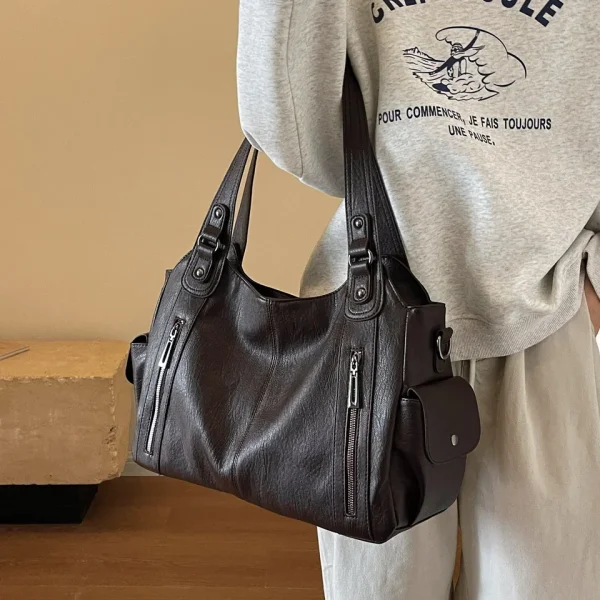 New Solid Zipper Dual Main Pockets High Capacity Handbag For Women Sewing Thread PU Fashion Ladies Bag Shoulder Bag - Image 2