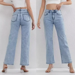 Women's Light Blue High Waisted Denim Jeans Straight Leg Design Classic Daily Wear Fashionable