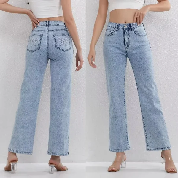 Women's Light Blue High Waisted Denim Jeans Straight Leg Design Classic Daily Wear Fashionable