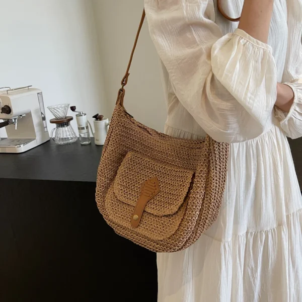 Leisure high-capacity seaside beach vacation grass woven bag for women's 2025 new versatile crossbody bag woven shoulder bag - Image 2