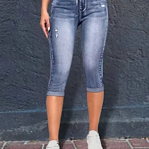 Y2K Style Women's Peacock Blue Stretch Mid-Rise Capri Jeans - Summer Casual Distressed Denim with Drawstring Waist